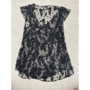 Jessica Simpson Scoop Neck Lace T-Shirt Womens Size Large Black Cream Cap Sleeve